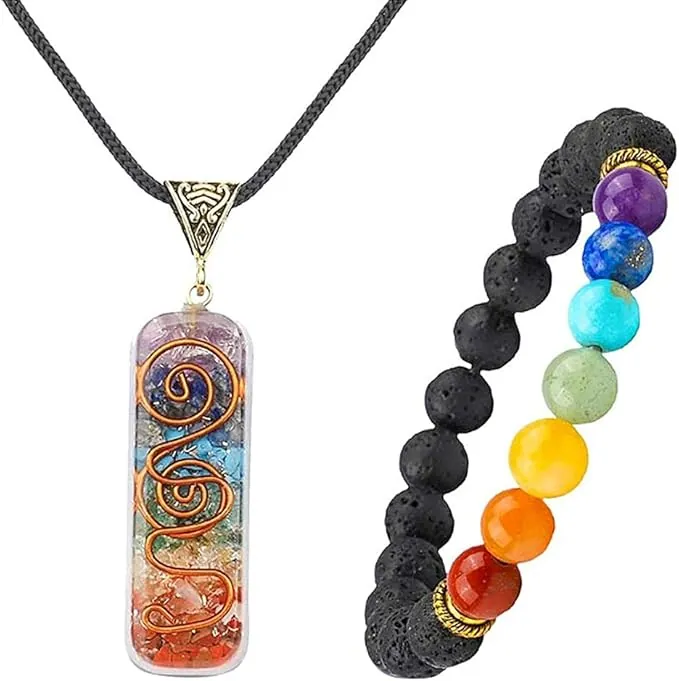TOFBS Chakras Collar con Colgante de Cristal ＆ 7 Chakras Pulsera Joyas Set para Mujer Hombre, Collar de Piedras Naturales Reiki Pulsera para Protección Curativa Energía Yoga Meditación Equilibrio