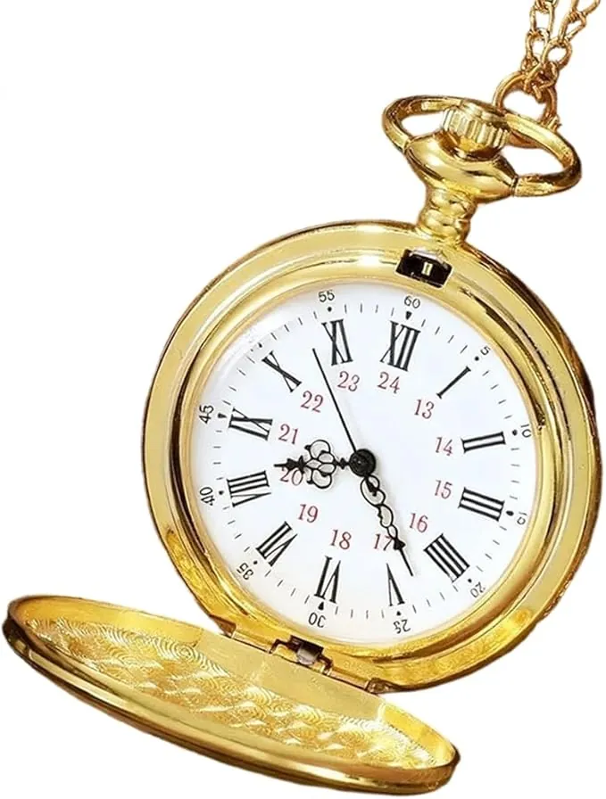 Reloj de Bolsillo Retro Dorado con Cadena, Reloj de Cadena de Cuarzo Clásico con Números Romanos y Tapa, Diseño Antiguo para Hombres y Mujeres, Regalo de Cumpleaños