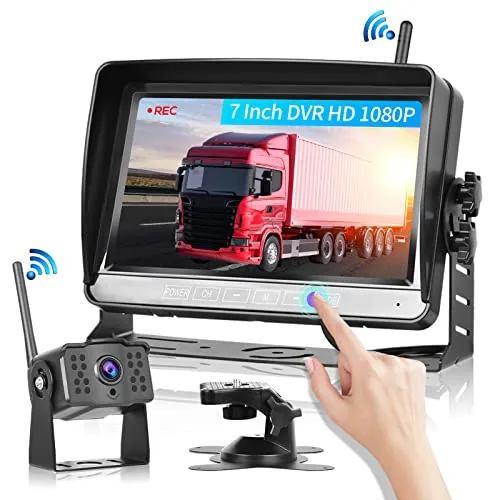 Cámara de Marcha Atrás Inalámbrica, DVR Kit Monitor LCD de 7 Pulgadas Tecla Táctil, Grabación Video, Camara Visión Trasera Visión Nocturna Impermeable, 12V-36V para Autobús/camión/Caravana/Furgoneta