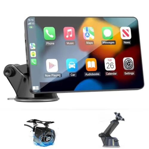 7 Pulgadas Táctil Pantalla con cámara retrovisora, para Coche con Carplay Android Auto Inalámbrica, Enlace Espejo, Navegación, Siri, FM, AUX, Bluetooth 5.2,Airplay, Lectura de vídeo, Navegación GPS