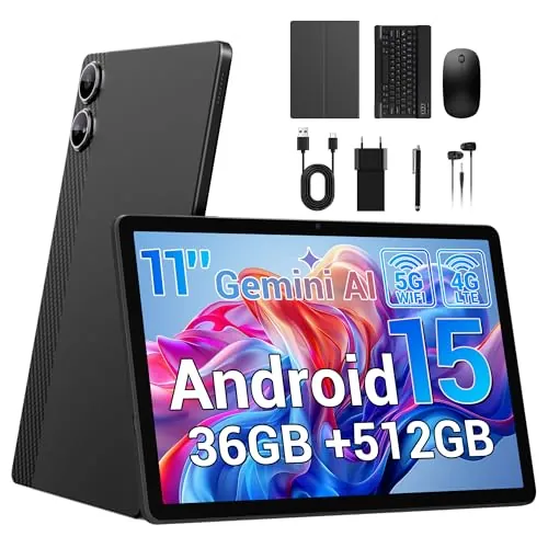 BEYNIVAN Tablet 11 Pulgadas Android 15 Tableta con Ranura sim,4G LTE y 5G WiFi,36GB RAM+512GB ROM/9580mAh y 20W/Face ID/GPS/BT 5.0/TÜV/USB-C,Tablet con Teclado