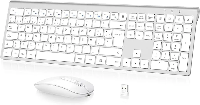Combo Teclado y Ratón Inalámbrico- cimetech Teclado y ratón Recargable 2.4G, QWERTY Español Layout, Teclado de diseño ergonómico, Ultrafino para Ordenador/PC/portátil/Windows 10/8/7(Plata)