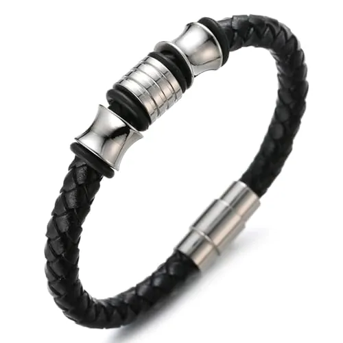 HALUKAKAH Niños ● Solo Junior ● Pulsera Ninos Cuero Genuina Negro 6-12 AÑOS Perlas de Titanio Acero Inoxidable de Plata Cierre Magnético 7"/18cm con CajaDeRegaloGRATIS