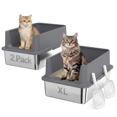 PawHut Juego de 2 Areneros Gatos Acero Inoxidable XL Borde Alto Gris Oscuro