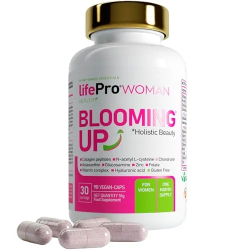 Vitaminas para el Cabello Mujer Anticaida con Biotina Blooming Up – BIotina para el Cabello Piel y Uñas con Colágeno Hidrolizado + Péptidos, Zinc y Astaxantina | Fortalece y Apoya el Crecimiento