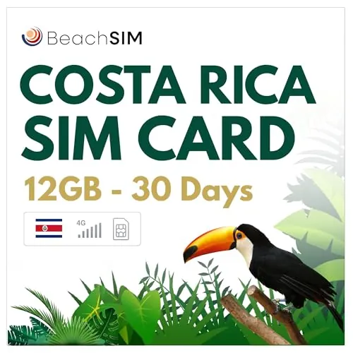 BeachSIM Tarjeta SIM Costa Rica 30 días. 12GB de Datos a velocidades 4G/5G. Solo SIM de Datos. Roaming Gratuito en Panamá, Nicaragua y más de 9 países de Latinoamérica.