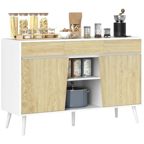 HOMCOM Aparador de 2 Puertas con 3 Cajones 120x39x77 cm Blanco y Natural