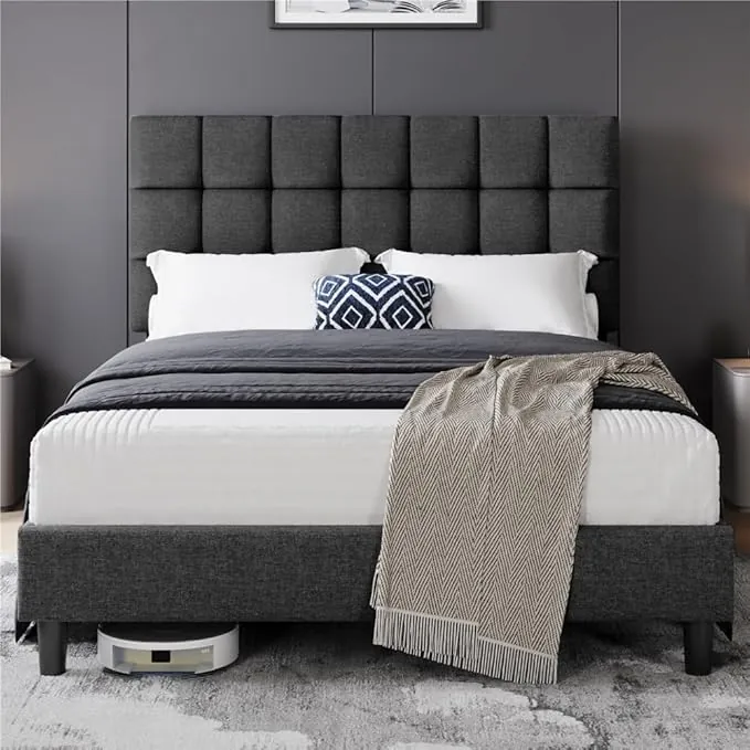 Yaheetech Marco de Cama Tapizada de 140 x 200 cm Camas de Matrimonio con Cabecero Regulable en Altura Estructura Estable con Listón de Madera, Color Gris Oscuro
