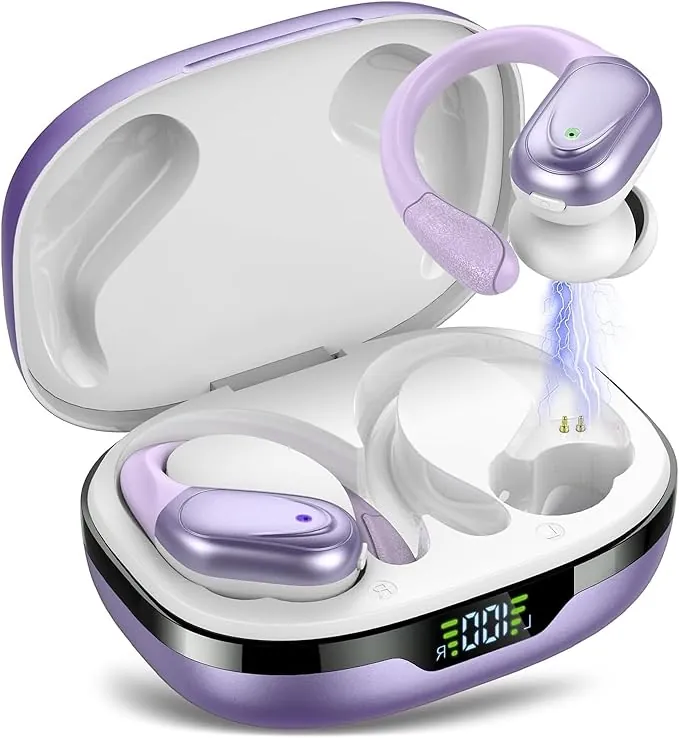 Auriculares Inalambricos, Auriculares Bluetooth 5.3 Deportivos con Gancho de la Oreja, 60H de Reproducción, Pantalla LED, Llamada ENC HD, Profundamente Bajo, Ajuste Cómodo, IPX7 Blanco Morado