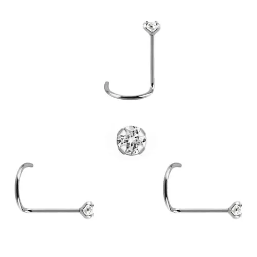 3 Pendientes Nariz de plata de ley con piedra muy pequeña de 1mm, zirconia cubica con brillo impresionante y palo curvado, grosor 0,6mm, largo 6,5mm, medida estandar.