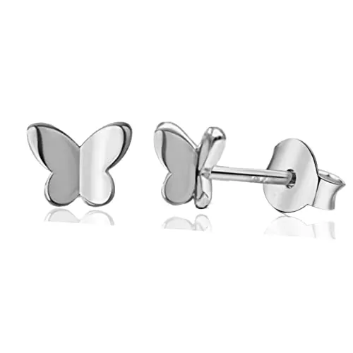 VICKWOOD Pendientes de plata de ley 925 con diseño de mariposa, diseño de unicornio, con nácar, corazón y gotas para niñas, Plata, Circonia cúbica (Schmetterling_Silber)