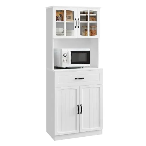 VASAGLE Armario Alto, Armario de Cocina con Puertas de Cristal y Estantes Ajustables, Cajón, Orificio para Cables, para Microondas, Estilo Moderno, Blanco LSC361W21