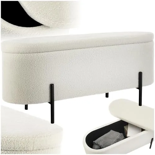 tectake® Banco con Almacenaje, Mueble Dormitorio, Tejido Bouclé, hasta 150 kg, Taburete Reposapiés con Espacio de Almacenamiento, Puff Almacenaje, Patas de Acero - Bouclé Blanco/Crema