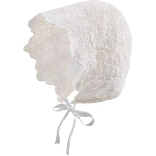 NHQZ 1 Pieza Sombrero de Encaje para Niñas con Patrón de Cinta Ajustable, Tocado Lindo Floral Blanco, Sombrero Sol de Algodón para 0-3 Meses Sombrero Recién Nacido, Blanco