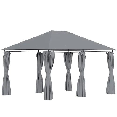 Outsunny Cenador de Jardín 4x3 m Pabellón de Exterior con 6 Paredes Laterales 8 Orificios de Drenaje y Marco de Acero Gazebo para Fiestas Patio Terraza Gris