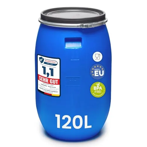 Garronda 120 litros Barril alimentario, depósito de Agua, Barril de Boca Ancha en HDPE y sin BPA, tonel de jardín, contenedor de Alimentos para Animales, Universal GD-0078, Azul
