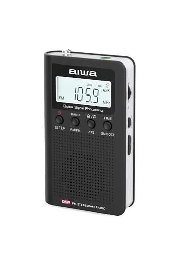 AIWA RSD-45BK Radio Digital Portátil Am/FM con Altavoz, Búsqueda Automática ATS, Tecnología DSP, Pantalla LCD con Reloj y Alarma, Radio de Bolsillo Compacta con Auriculares