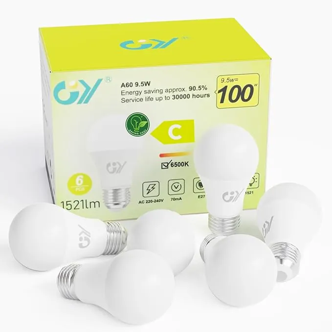 GY 9.5W Bombillas Led E27 Luz Fría 6500K, 1521 Lúmenes, No Regulable - Clase C Bombilla Bajo Consumo, A60 Bombilla E27 Casquillo Pack de 6