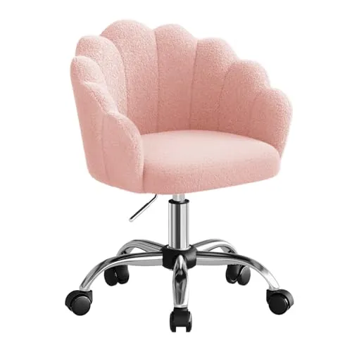 WOLTU Silla de Tocador Cachemira con Respaldo de Petalos, Silla Giratoria con Ruedas, Ergonómica para Maquillaje, Patas de Metal, Rosa
