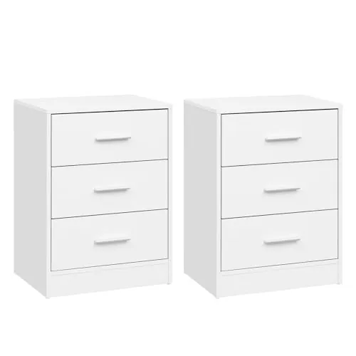 WOLTU Juego de 2 Mesitas de Noche con 3 Cajones, Mesillas para Dormitorio, Estilo Moderno, Estructura de Madera, 39 x 28 x 54 cm, Blanco NTS26ws-2