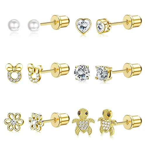 MILACOLATO 6Pares Pendientes Niña Mujer Hipoalergenicos Pendientes Tuerca Acero Quirurgico Rosas CZ Corazón Flor Aretes Antialergicos Tornillo Trasero Pendiente Tragus Cartilago Zarcillos Joyería oro