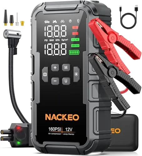 Arrancador de Baterias de Coche 8000A con Compresor, 160PSI Inflador de Neumáticos, Arrancador de Coches 12V (Gasolina y Diésel 12L), Jump Starter con LED 600LM, Cables de Arranque, LCD