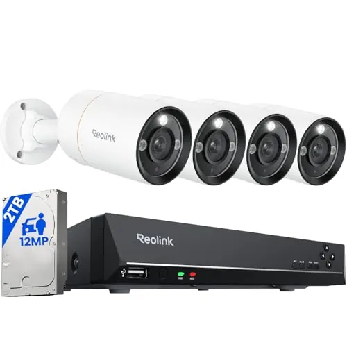Reolink 12MP Kit Camaras de Vigilancia Exterior H.265, RLK8-1200B4-A | 4pcs Sistema de Cámara Seguridad con 30M Visión Nocturna, Audio bidireccional, 8 Canales NVR con HDD de 2TB, Grabación 24/7