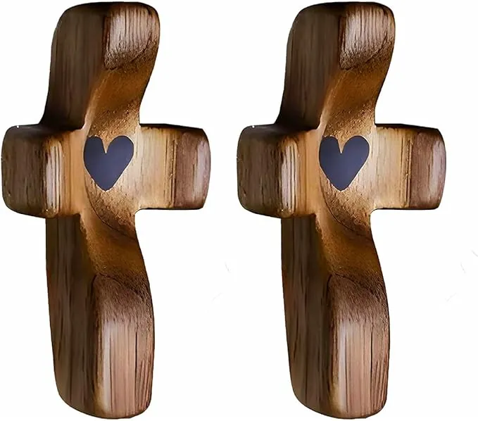 2 Cruces de Madera de Mano, Cruz de protección de Madera, Cruz de Madera con Forma de corazón de Jesús, Cruz antiestrés, mi corazón Anima, Regalos, Cruz de Pulgar para oración