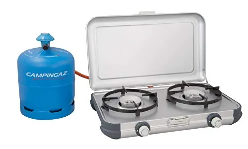 Campingaz Camping Kitchen 2 R, Estufa camping, 2 x 2000 vatios de potencia, cocina gas de 2 quemadores con soportes para ollas extraíbles, portátil, funciona con cilindros gas recargables R904, R907