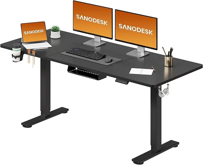 SANODESK 160 x 60 cm Escritorio Elevable Eléctrico con Tablero Escritorio Regulable en Altura Eléctrico Telescópico Bidireccional con Control de Memoria y Tecnología Anticolisión (Negro)