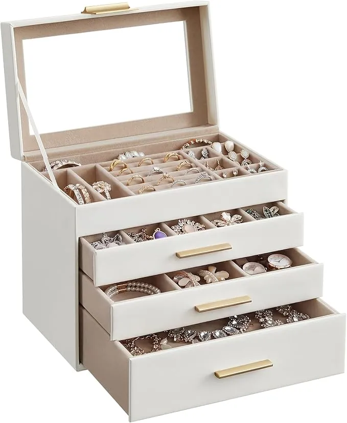 SONGMICS Colección GISELLA - Caja de Joyas, Caja Joyero de 4 Niveles, Estuche de Joyería, con 3 Cajones, Gran Capacidad, Estilo Moderno, dia de la madre, Blanco Nube y Dorado JBC161W01