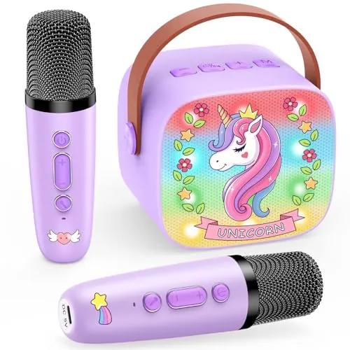 Unicornios Regalo Navidad para Niñas, Karaoke Infantil con 2 Microfonos | Juguetes Niña 3-12 Años, Karaoke 2 Microfonos Inalambricos Compatible con Bluetooth, Tarjeta TF, USB y AUX