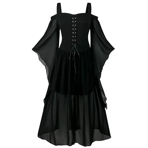 CNVAUIE Disfraz renacentista para mujer, vestido medieval con mangas de trompeta, gótico, vestido maxi para carnaval, Halloween, fiesta (Negro01, L)