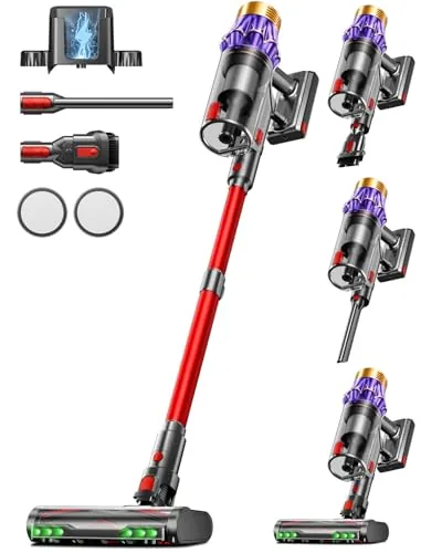 AIBIRTH Aspiradora sin Cable 60Kpa/650W/70Mins, Escoba Aspiradora de 1.8L, Sistema de Filtración de 8 Etapas,Autoportante, Adecuada para Pelo de Mascotas, Luz Verde Alfombras y Suelos de Madera