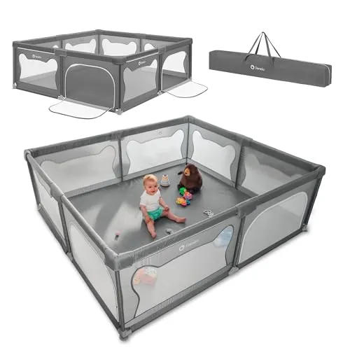 LIONELO Willow - Parque infantil XL, 0 – 48 meses, gran superficie 187x207x68 cm, con paredes de malla transpirable, 2 entradas laterales con cremallera, ideal para casa y jardín, fácil montar (Gris)