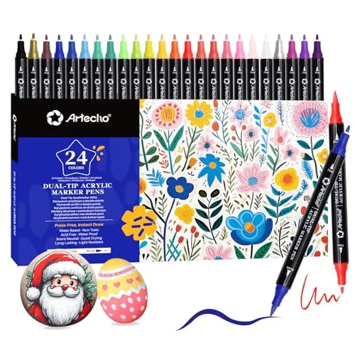 Artecho Lápices acrílicos de 24 colores, 0,5 – 5 mm, resistente al agua, doble punta (pincel y punta fina), con extremos dobles para pintura de roca, papel, madera, huevo, lienzo