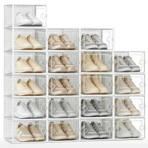 JUPPLIES Cajas de Zapatos Transparentes - Zapatero Plastico Apilable con Apertura Frontal, Ventilación y Sistema Antivuelco, Organizador de Zapatos con Montaje Fácil sin Herramientas (Pack de 20)