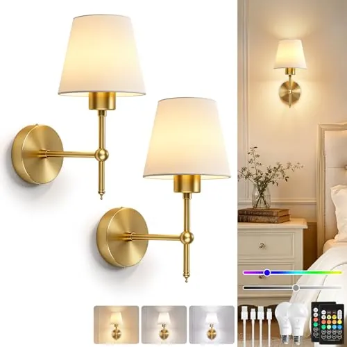 Dehobo Aplique Pared Interior Sin Cable, Oro Aplique Pared Interior 2 Pieza | Apliques de Pared LED Recargables con Batería, 3 Temperaturas 8 RGB Mando - Ideal Applique para Dormitorio Salón Pasillo