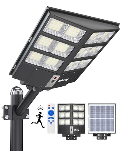Ofuray Of-2000W Farolas Solares Exterior, 200000LM Luz Solar Exterior con Sensor de Movimiento, 6500K Potente Foco Led Solares, IP67 Impermeable Lámpara Seguridad Para Jardin, Patio, Garajes