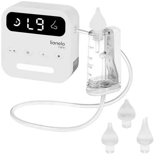 Lionelo BabyAir Flow Aspirador Nasal Eléctrico para bebés y niños | Sacamocos eléctrico para niños, 9 niveles, 3 puntas de silicona, luz nocturna, USB-C recargable, hasta 2,5 h sin cables