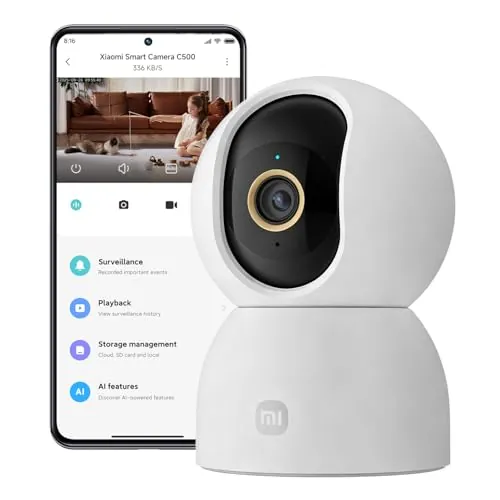 XIAOMI C500 Cámara de Seguridad Interior, Cámara WiFi 2,4/5 GHz, Monitor de Bebé, Detección y Seguimiento con IA, Vista 360°, Audio Bidireccional, Compatible con Alexa y Google