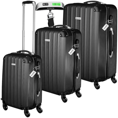 tectake® Juego de Maletas de Viaje Rígidas, ABS, Maleta Mediana, Maleta Grande, Maleta de Cabina, Equipaje de Mano, Bascula Maletas Viaje, Cerradura Combinación, Resistente a Golpes - Negro
