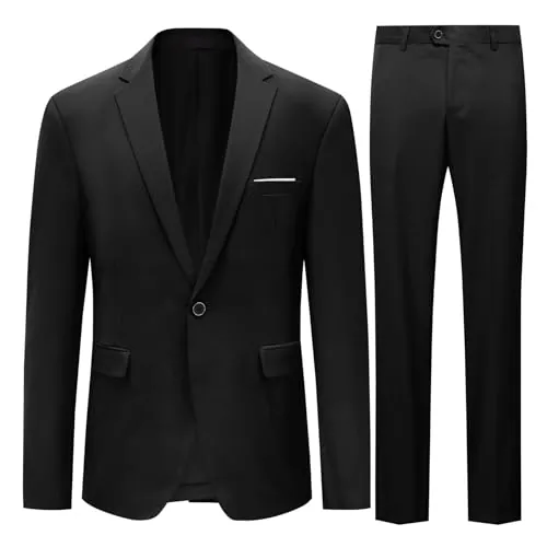 Allthemen Traje 2 Piezas Hombre Boda Chaqueta y Pantalones Negro M | 1 Botón Simple, Slim Fit, Abertura Central Trasera, Parche en Pecho, 2 Bolsillos con Solapa, Business Casual