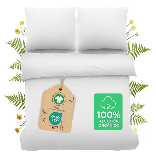 Dreamzie Funda Nordica Cama 200 Algodon Organico - Funda Nordica 240x220cm, Fundas de Almohada 65x65cm (x2) - Funda Edredon Ropa de Cama Algodon Percal 180 TC - Certificado Oeko-Tex & Gots - Blanco
