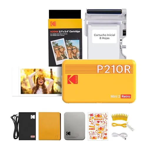 KODAK Mini 2 Retro 4Pass Impresora de Fotos Portátil (5,3x8,6cm) + Pack de Regalo con 68 Hojas (8 Hojas Iniciales + 60 Hojas) - Amarillo