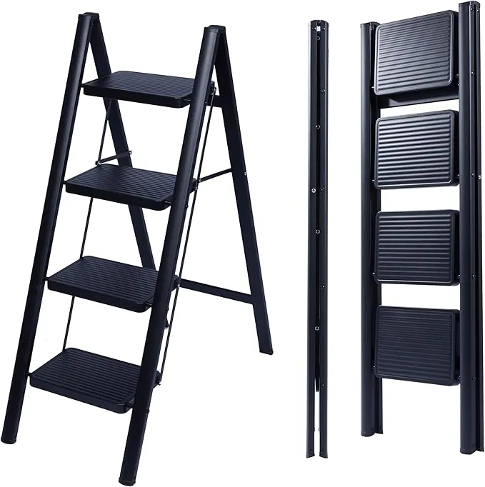 UZIRO Escalera Plegable 4 Peldaños, Escaleras Decorativa, Peldaños Anchos Antideslizantes, Ideal para Uso en Hogar, Cocina y Oficina, Fácil de Guardar y Transportar, Resistente (Negro, 4 Peldaños)
