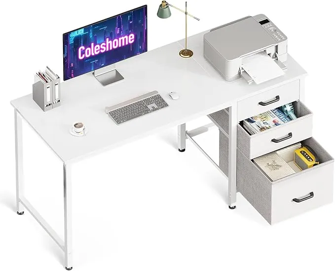 Coleshome Escritorio con 3 Cajones de Tela, 120x48cm Escritorio Espacioso con Soporte para Auriculares, Blanco Escritorio de Ordenador Reversible para Oficina en Casa