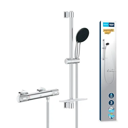 GROHE Precision Feel Conjunto de barra de ducha con termostato (3 tipos de chorro, barra de ducha de 600 mm, incluye herramientas de instalación, cromo) 34791001