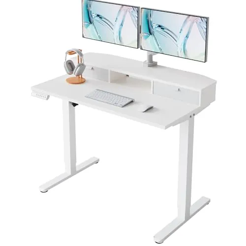 HUANUO Escritorio Elevable 100 x 60 cm con 2 Cajones, Escritorio Ajustable en Altura con Soporte Tipo Abrazadera en C, Mesa Elevale de Pie para Oficina en Casa con 4 Memorias de Altura