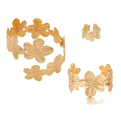 BKEPDY Joyas de Mujer Geométricas Irregulares Flores Elegante Brazaletes Anillos Set Regalo para Bodas San Valentin(Oro)